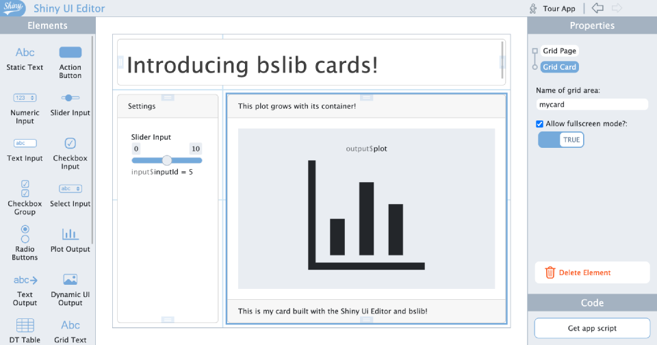 bslib cards shown inside shinyuieditor